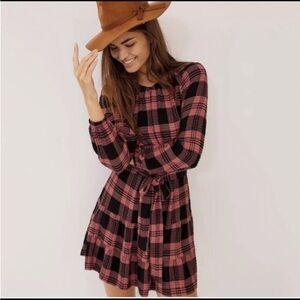 Anthropologie Cloth & Stone Pink and Black Plaid Mini  Dress SZ S